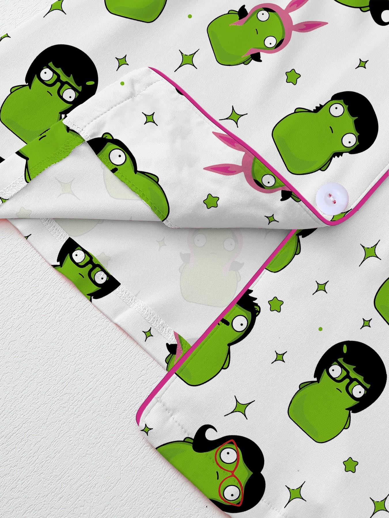 Adorable Cartoon Alien Print Women's Pajama Set Loungewear Pajamas, Comfortable Wear-Home Two-Piece, Short Sleeve Button-Up Top & Elastic Shorts, Casual Homewear Loungewear Nightwear Pjs Pyjamas Gift