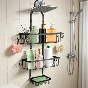 giteo bedding Over Shower Head Shower Caddy, Height Adjustable No Drilling Bathroom Hanging Shelf, Rustproof Shower Organizer with Hooks, Shampoo Soap Holder for Shower Inside