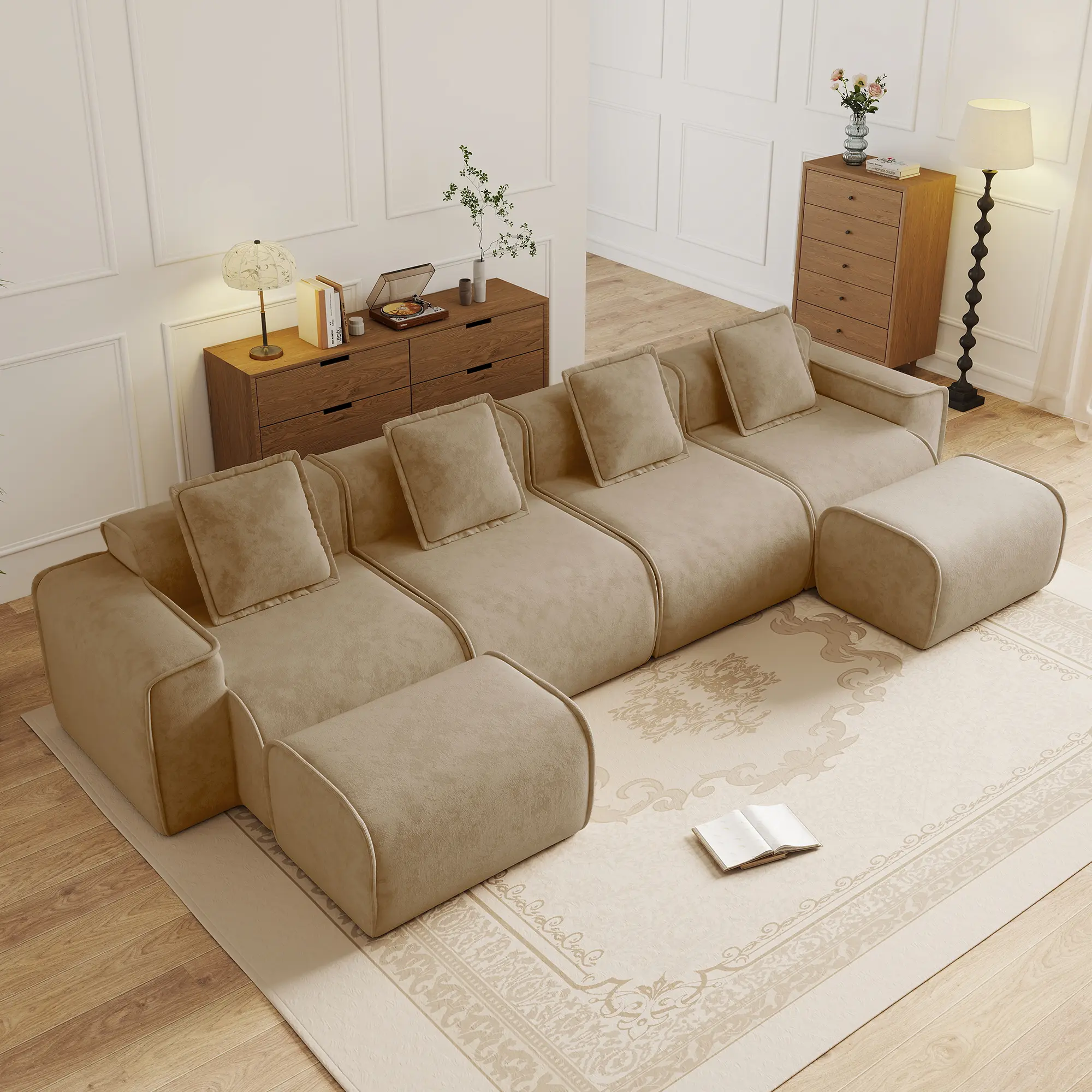 Nokaa 4-Seat Modular U-Shape Velvet Fabric Brown Sectional Sofa - French Edge Piping, No Assembly Needed, Includes Throw Pillows & 2 Movable Ottomans, Living Room Couch Set for Apartment, Family Room, French Edges