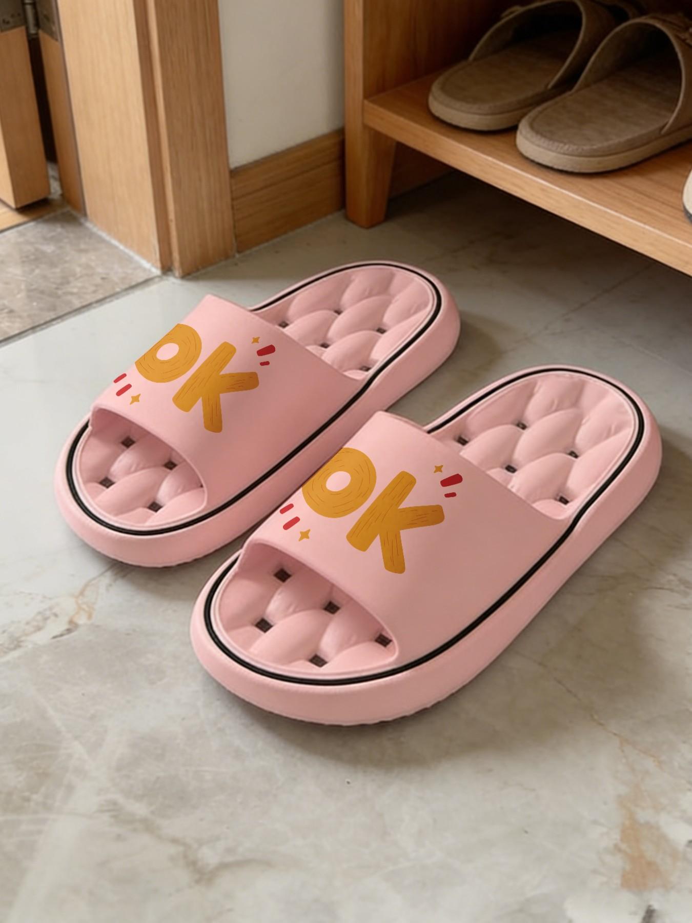1 Pair OK Letter Printed Hollow Massage Thick Sole Slippers, Minimalist Vitality Style, Non-slip Soft Sole, Quick-dry for Bathroom, Indoor & Outdoor Dual-use, Open Toe Slides, Bathroom Casual Slippers