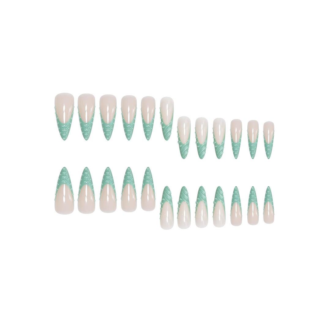 24 Pcs 3D Turquoise Almond Nails, Dragon Scale French Tip Design, Rhinestone Decor, Glossy Gel False Nails, Reusable, Free Jelly Glue & Nail File