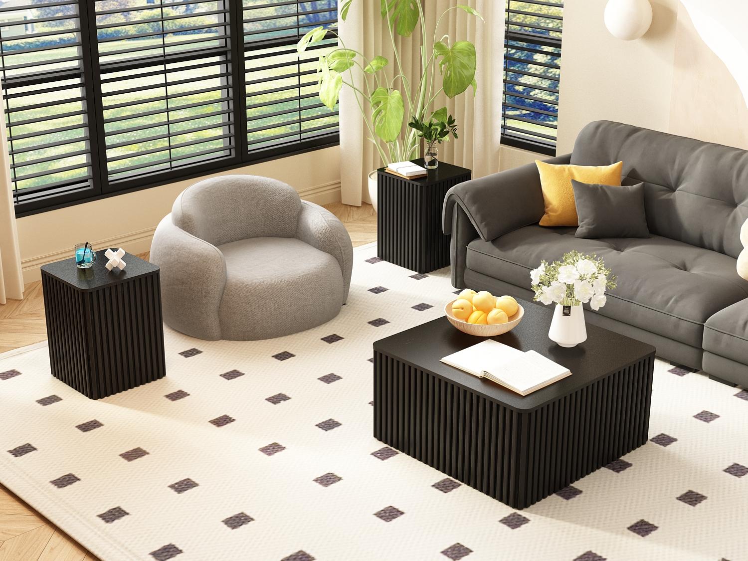 PieDle Furniture Large Wooden Coffee Table with Storage,Mid Century Modern Style with Fluted Design,Low Coffee Table for Living Room