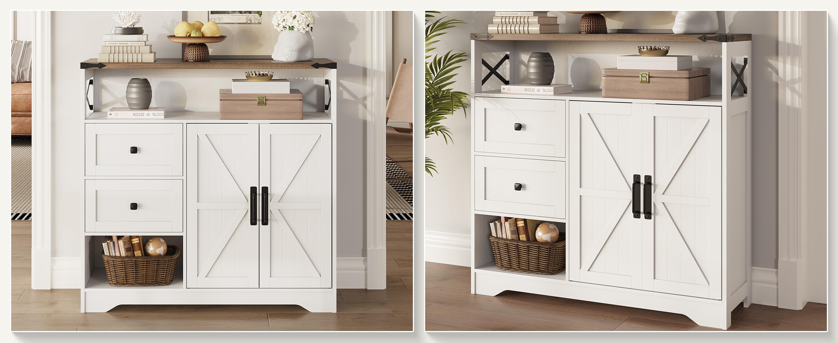 Vabches Farmhouse Storage Cabinet with Drawers and Open Storage,Freestanding Kitchen Pantry Storage Cabinet with 2 Barn Doors, Floor Storage Cabinet for Kitchen, Living Room