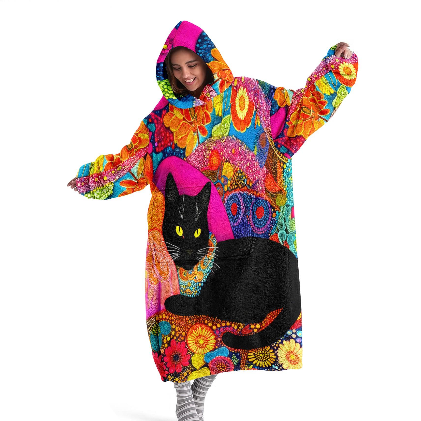 Hooded Blanket Wearable Throw, Vintage Cat Print Hoodie Blanket, Soft Warm Flannel Blanket for Sofa Home Leisure Air Conditioning Nap Office Bed Camping Travel Valentine's Gift