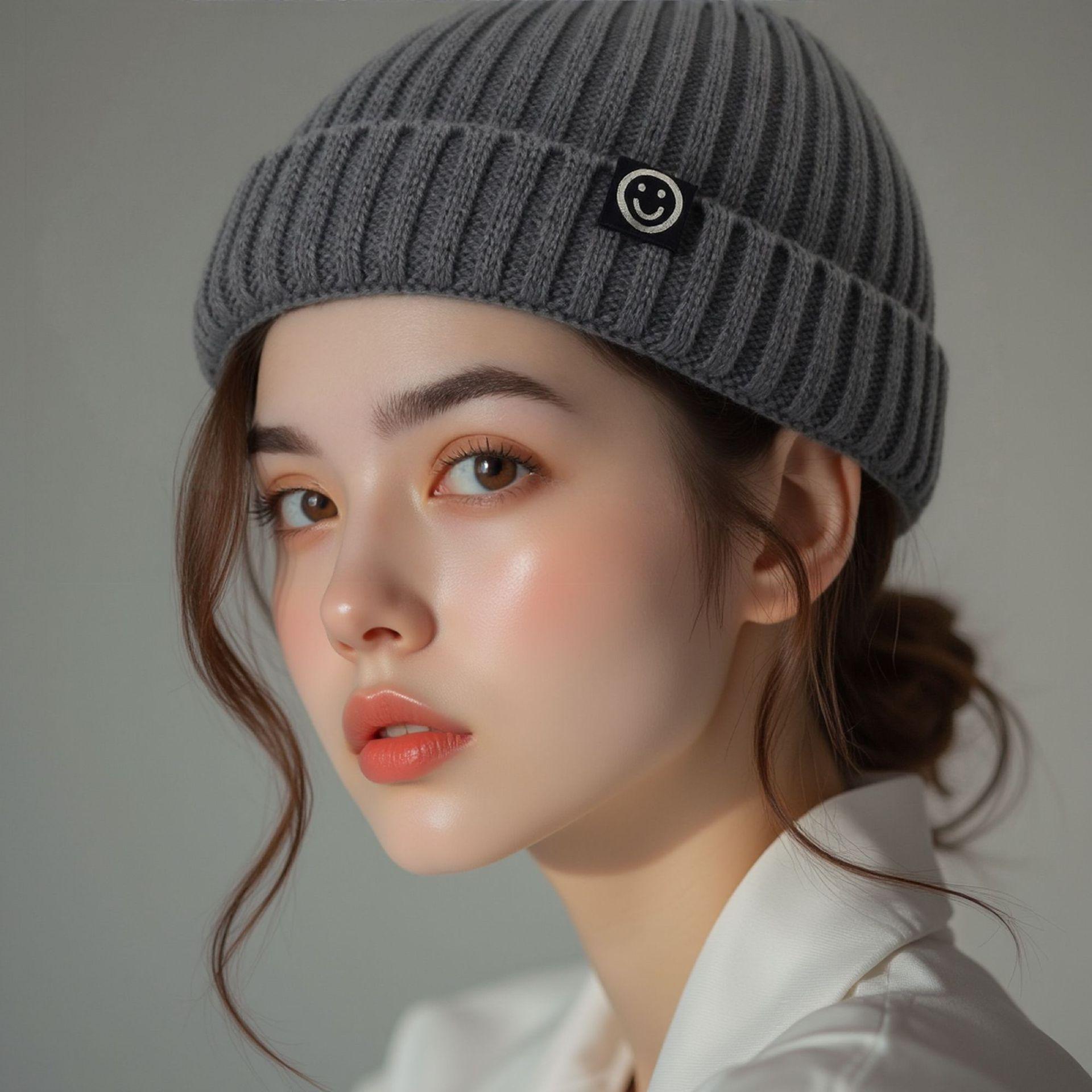 Smiley Face Knit Beanie, Unisex Casual All-Season Hat, Soft Elastic Ribbed Design, Cute Embroidered Smiley, Plain Color Trimmed Edge