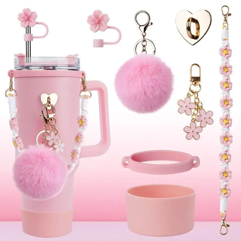 Cute 7PCS Cup Accessories for Stanley 40oz/30oz Tumbler, Bow Straw Topper, Silicone Boot, Decorative Handle Chain, Pom Pom Charm, Gift for Women campingessentials