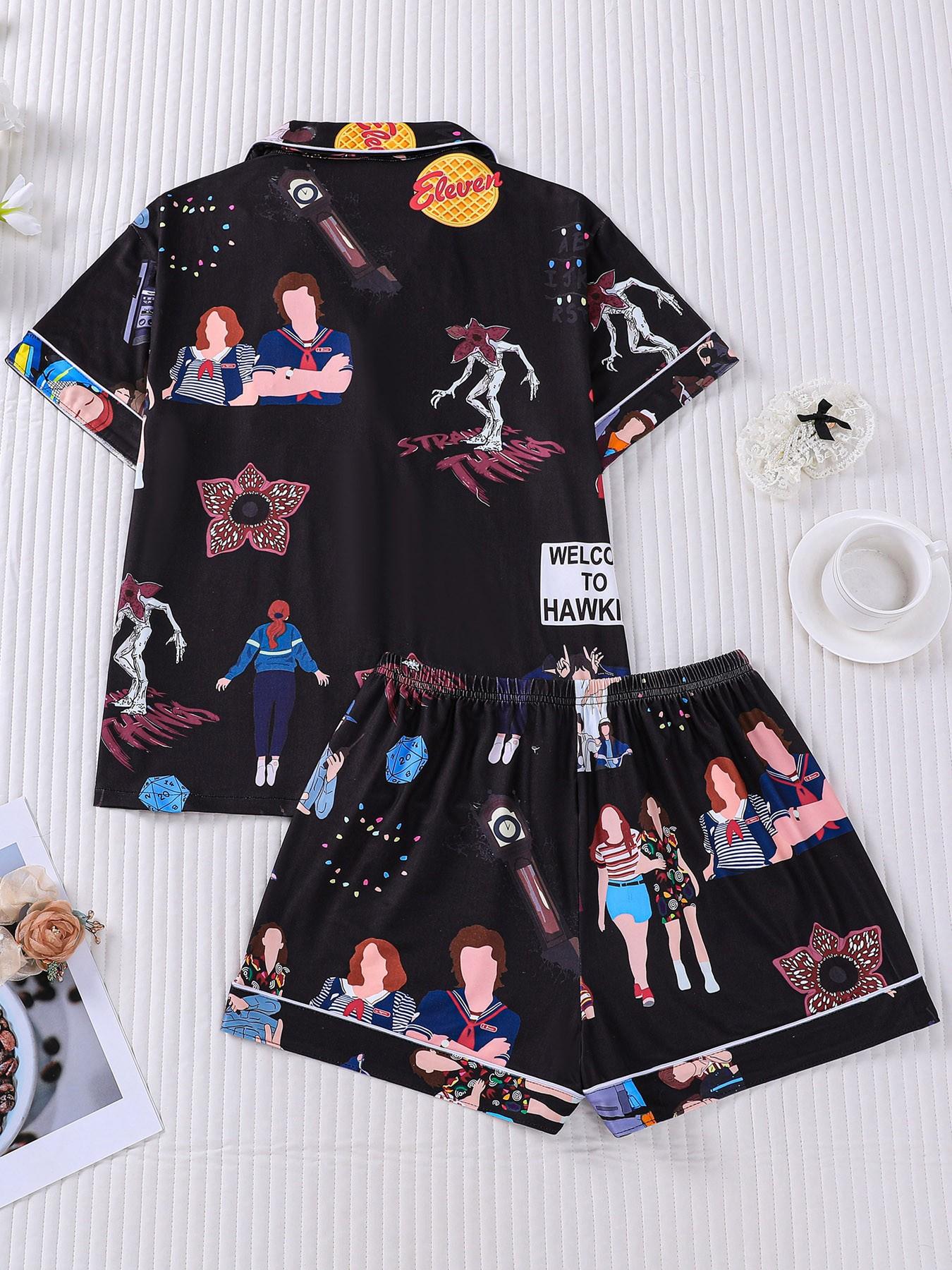 Women's 2-Piece Stranger Things Print Lapel Pajama Set, Short Sleeve Button Down Top with Pocket & Elastic Waist Shorts, Soft Comfy All-Season Loungewear, Casual Sleepwear for Ladies Home Daily Wear