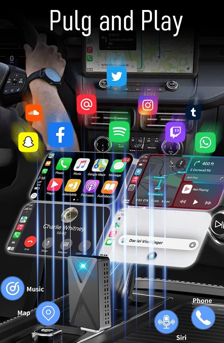 2026 Wireless CarPlay Adapter for iPhone/Android - Fast Connection, No Delay, Hands-Free Calling Wireless Adapter Mini USB Car Design, Apple CarPlay Plug-and-Play, Wireless Adapter Dongle, Gift Type-C adapter