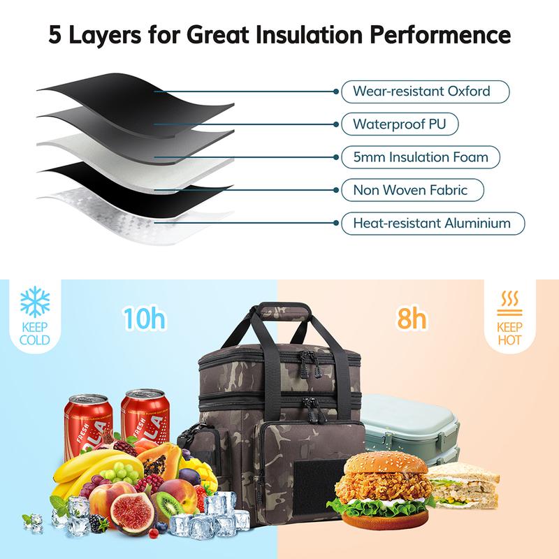 Double Layer Insulated Lunch Bag for Work School Picnics Beach Lunch Boxes Reusable Portable with Side Pockets One Shoulder Waterproof Leakproof Camo Lunch Box