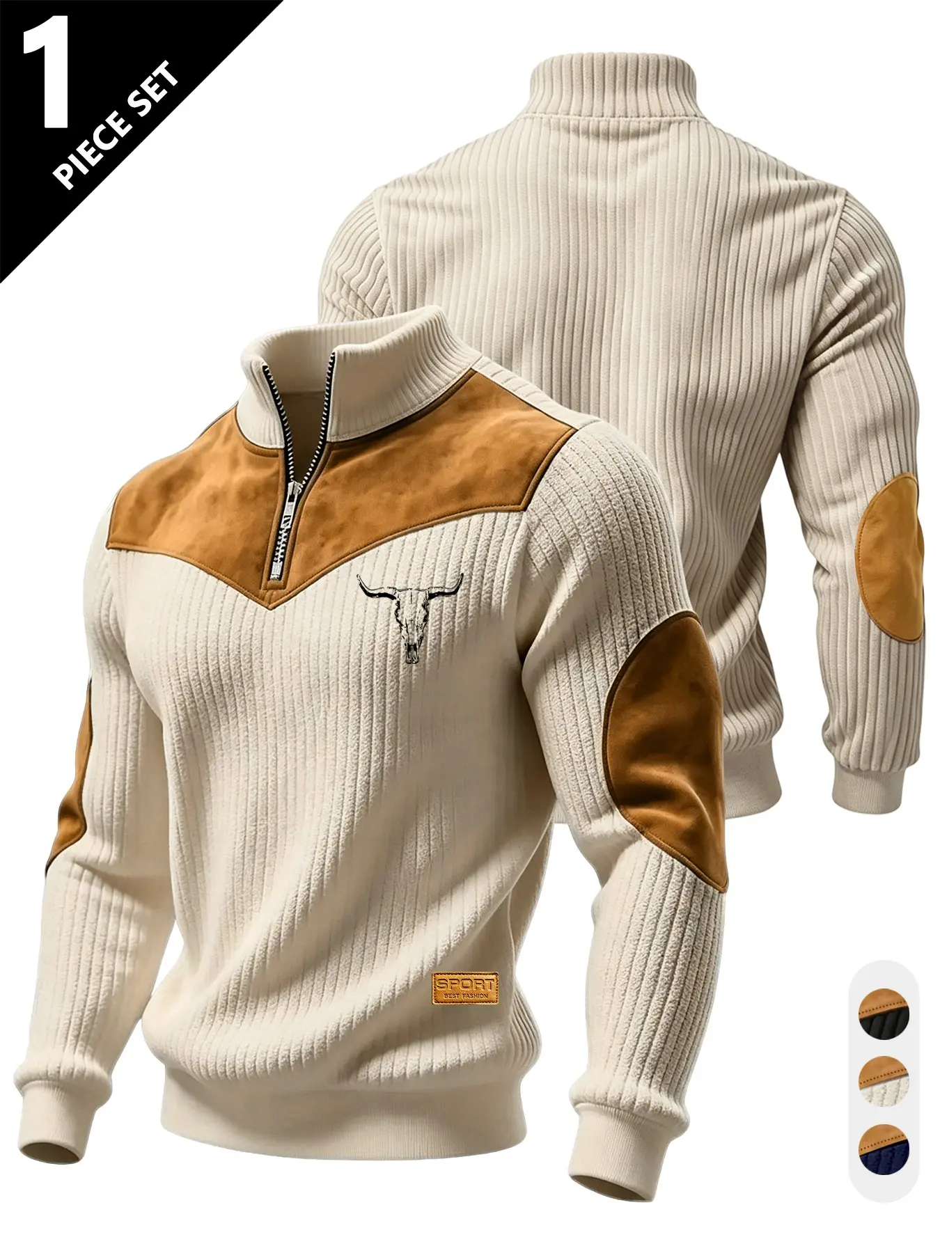 Men's Western Style Bull Print Half-Zip Collar Long Sleeve, Spring Fall Faux Suede Patchwork Slim Fit Knit Top, Casual Outdoor Retro Shirt, Knit Shirts