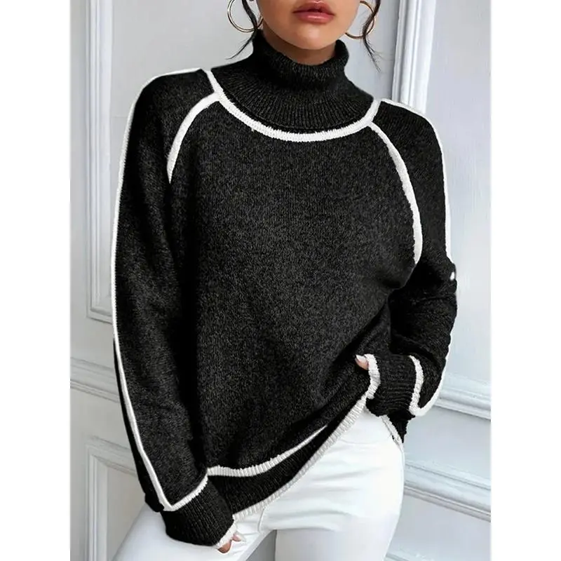 Women Contrast White‑Trim Turtleneck Raglan Long‑Sleeve Pullover Sweater Tops,Loose‑fit Color‑spliced Knit Jumper, Minimalist Street‑style Casual Outfit, Fashion Relaxed‑fit Blouse For Autumn‑Winter Work, Dating, Shopping And Daily Outdoor Trips