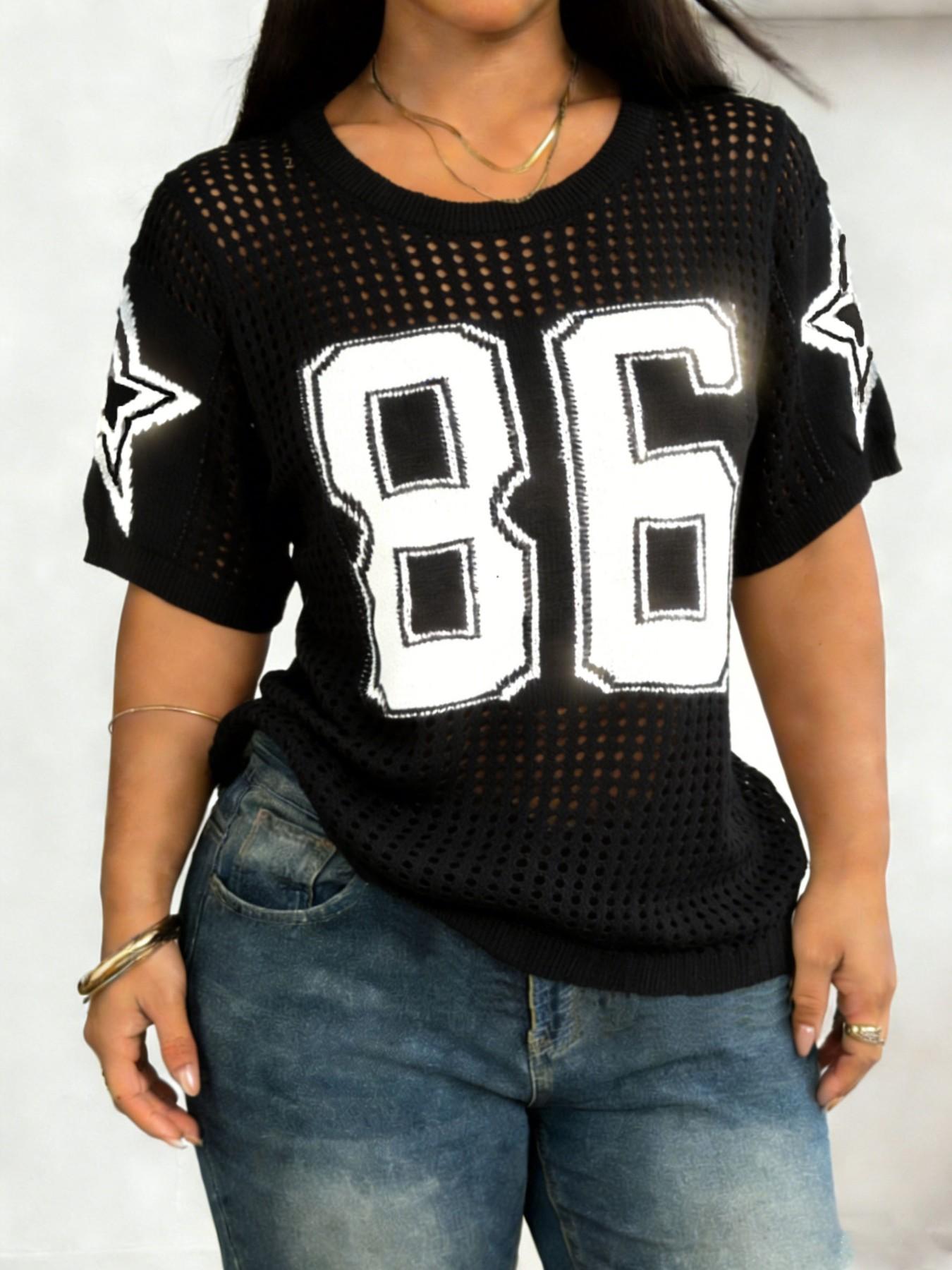 Plus Size Women's Digital Print Hollow Out Sweater, Casual Fashion Sporty Round Neck Knit Top, Summer Wear, Daily Clothing