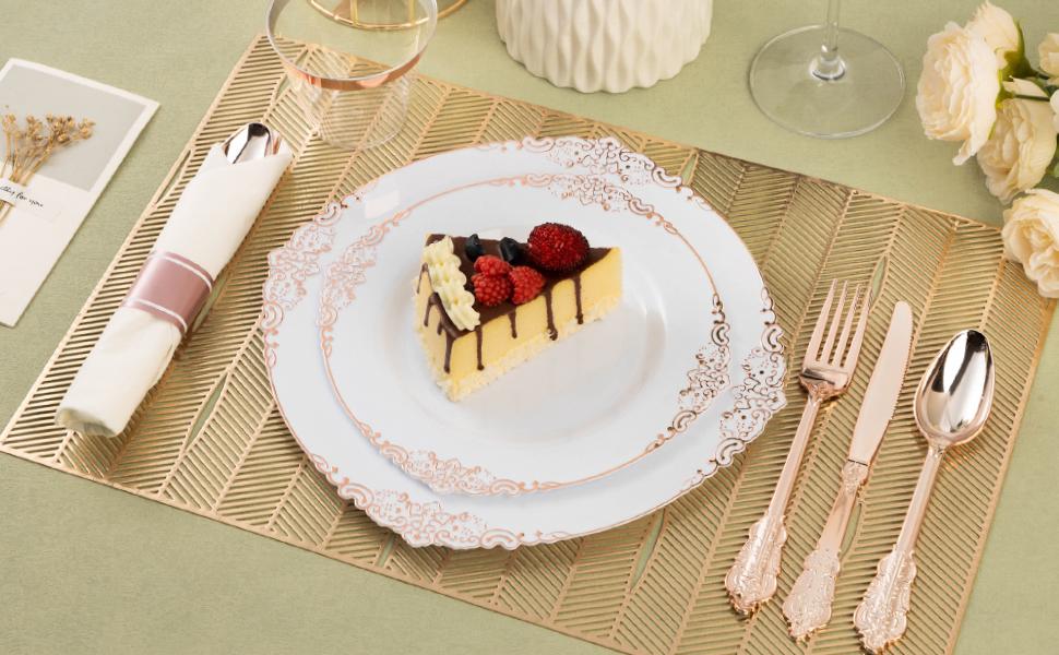 Rose Gold Plastic Dinnerware Set 350PCS - 100 Plates 50 Silverware & Napkins Disposable Cups for Weddings Events Anniversary Elegant Design Premium Quality Rose Gold Plastic Dinnerware Set 350PCS - 100 Plates 50 Silverware & Napkins Disposable Cups for Weddings Events Anniversary Elegant Design Premium Quality