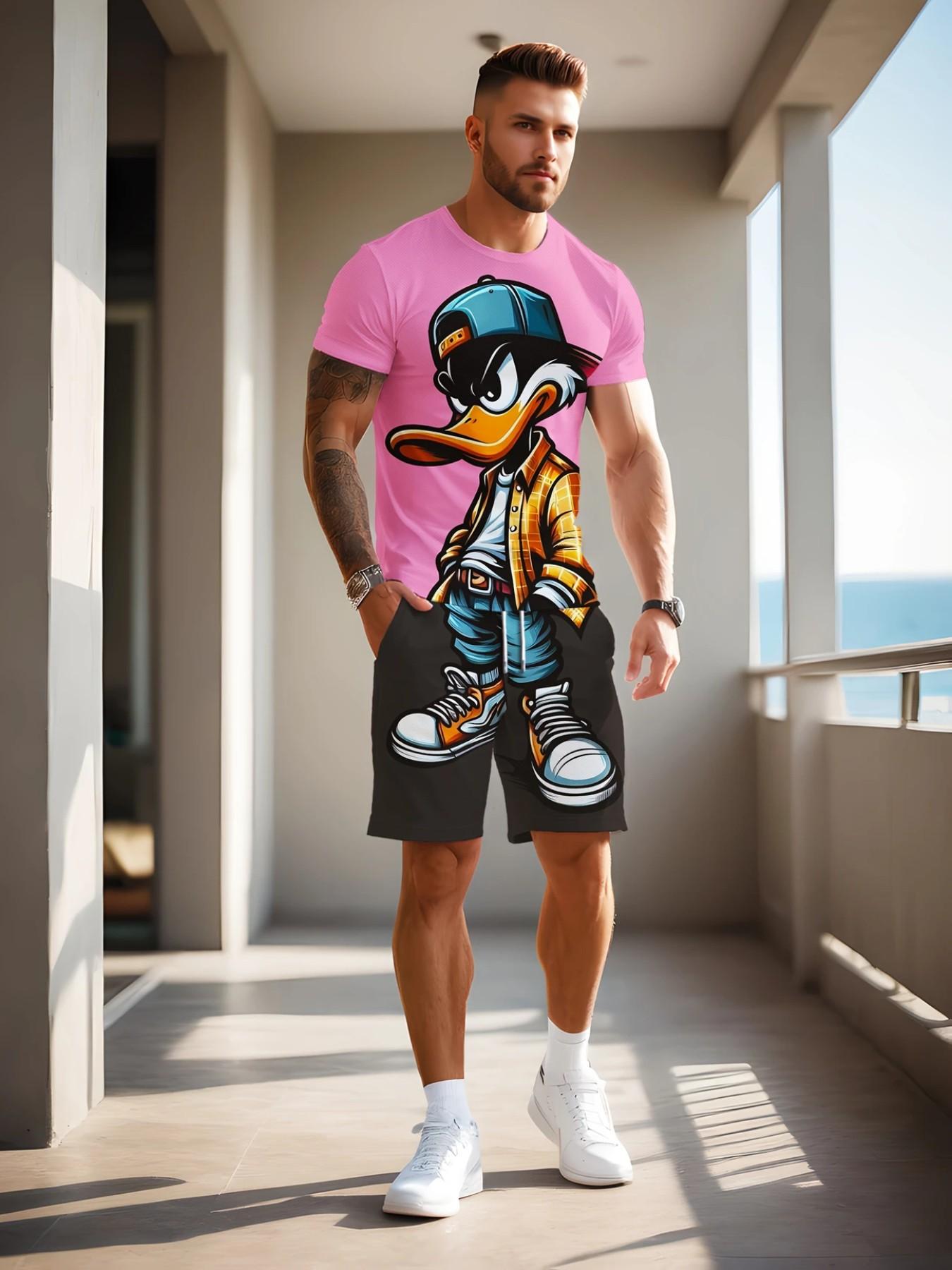 Men's Y2K Style 3D Duck Print Sports Set, Casual Short Sleeve Top and Shorts, Perfect Gift for Men, Daily Outdoor Wear