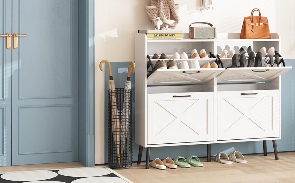 Vabches Large Shoe Cabinet with 4 Flip Drawers, Freestanding Shoe Organizer with Metal Drawer Bracket for Entryway