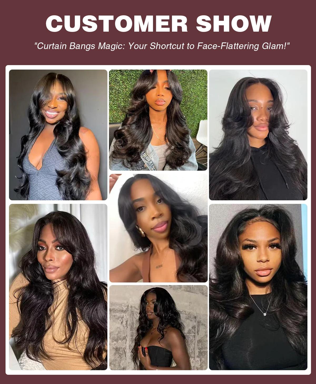 Subella Curtain Bangs Wig Chic Retro HD Lace Pre Plucked Pre Bleached Body Wave Human Hair Wigs