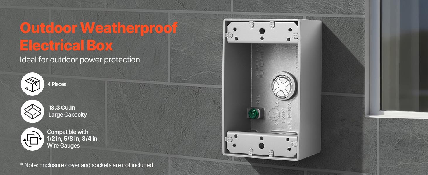 VEVOR Outdoor Electrical Box, 4.5x 2.8x 2 in, Weatherproof Outlet Junction Box, Suitable 1/2-Inch or 3/4-Inch Electrical Conduit, 18.3 Cu. In Large Capacity Plug Receptacle Protector, 4PCS, Gray