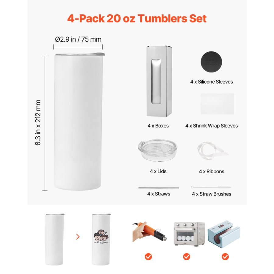 VEVOR Sublimation Tumblers, 4 Pack, 20 oz Skinny Straight Tumblers Bulk, Stainless Steel Sublimation Cups with Lids and Straws, Double Wall Insulated Tumbler Blank, for DIY Personalized Customization