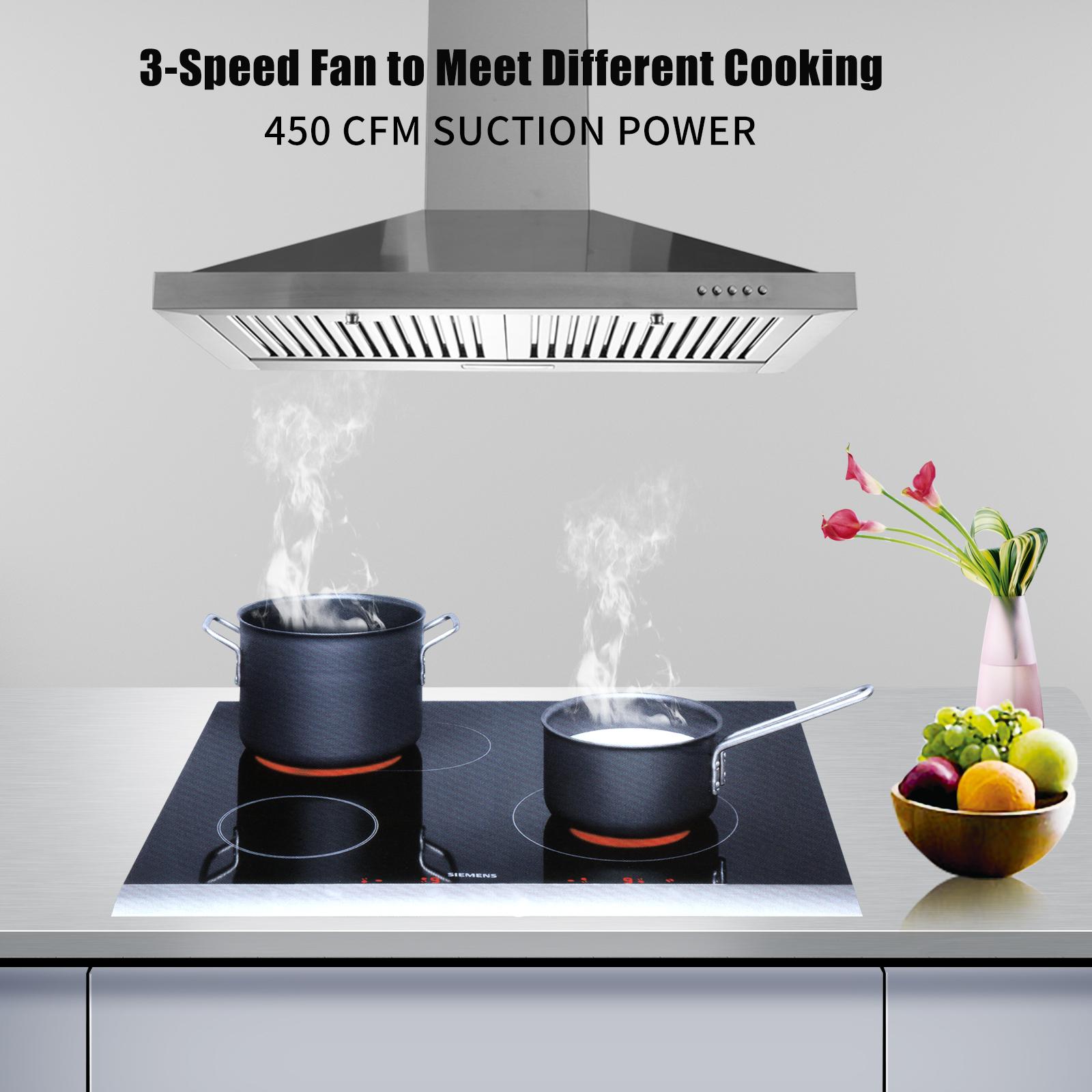 Wall Mount Range Hood 30 inch Kitchen Hood 450 CFM with Ducted/Ductless Touch Control Vent Hood Stainless Steel 3 Speed Exhaust Fan ZMG-0160B Appliance Filter Household Durable