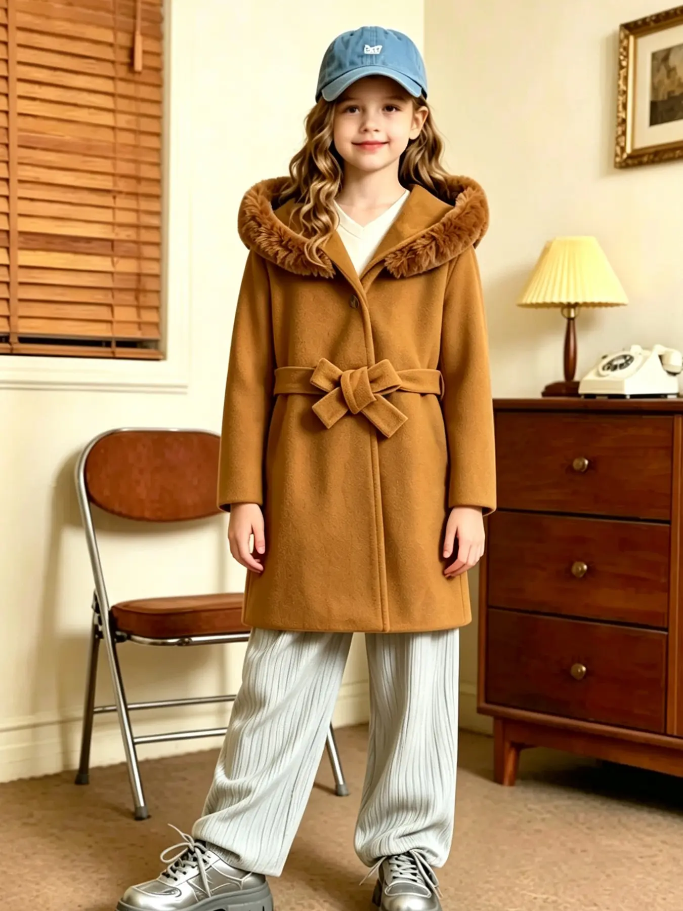 New Fall Winter Girls' Caramel Color Fur Collar Hooded Coat, Waist Cinch Butterfly Knot Mid-Length Warm Outerwear, Casual School Outerwear Coats