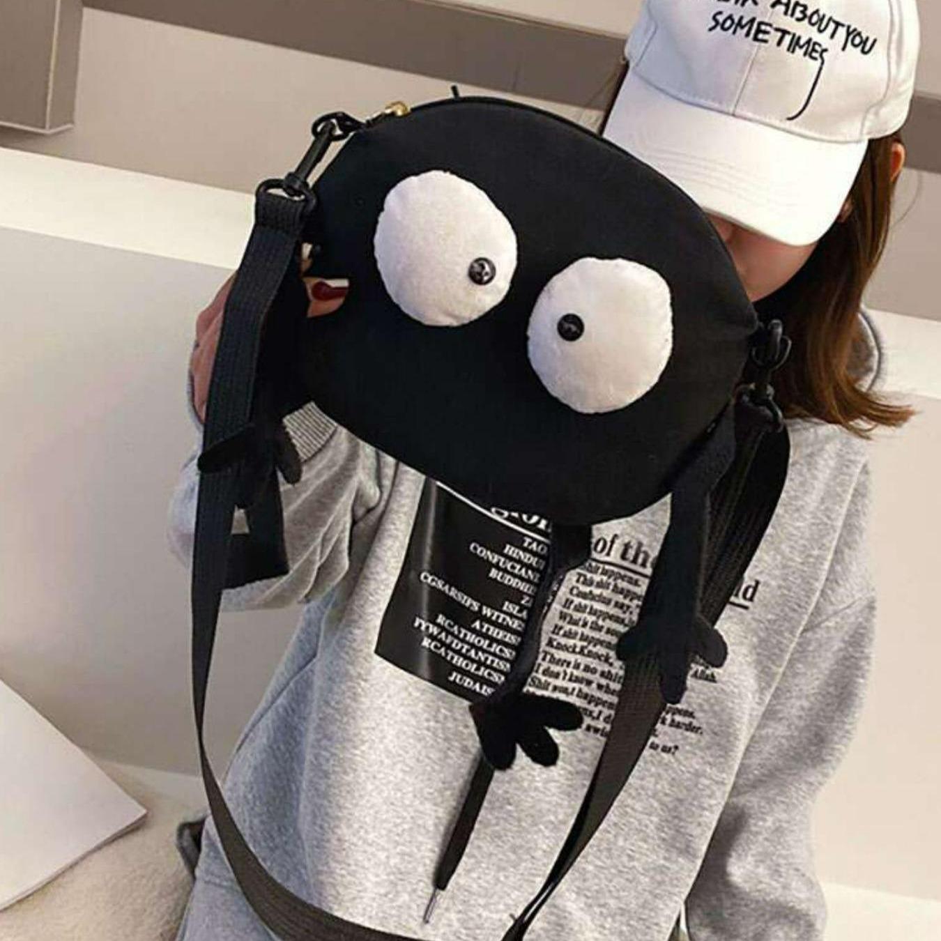 Cute Cartoon Charcoal Ball Design Canvas Handbag Organizer Bag, Minimalist Crossbody Bag with Colorful Edges, Stylish Daily Use