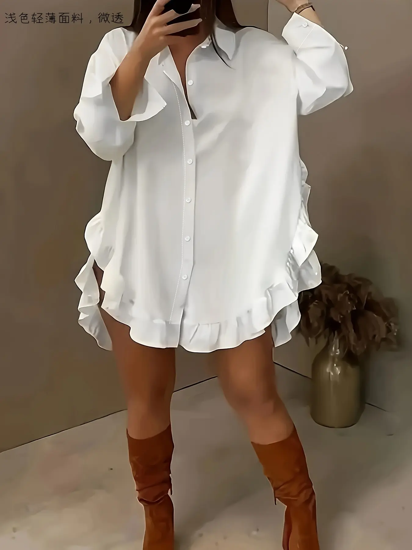 Women's Plain Ruffle Trim Button Front Baggy Fit Blouse, Shirts, Casual Long Sleeve Collared Top for Daily Wear, Feminine Ladies Clothes for All Seasons