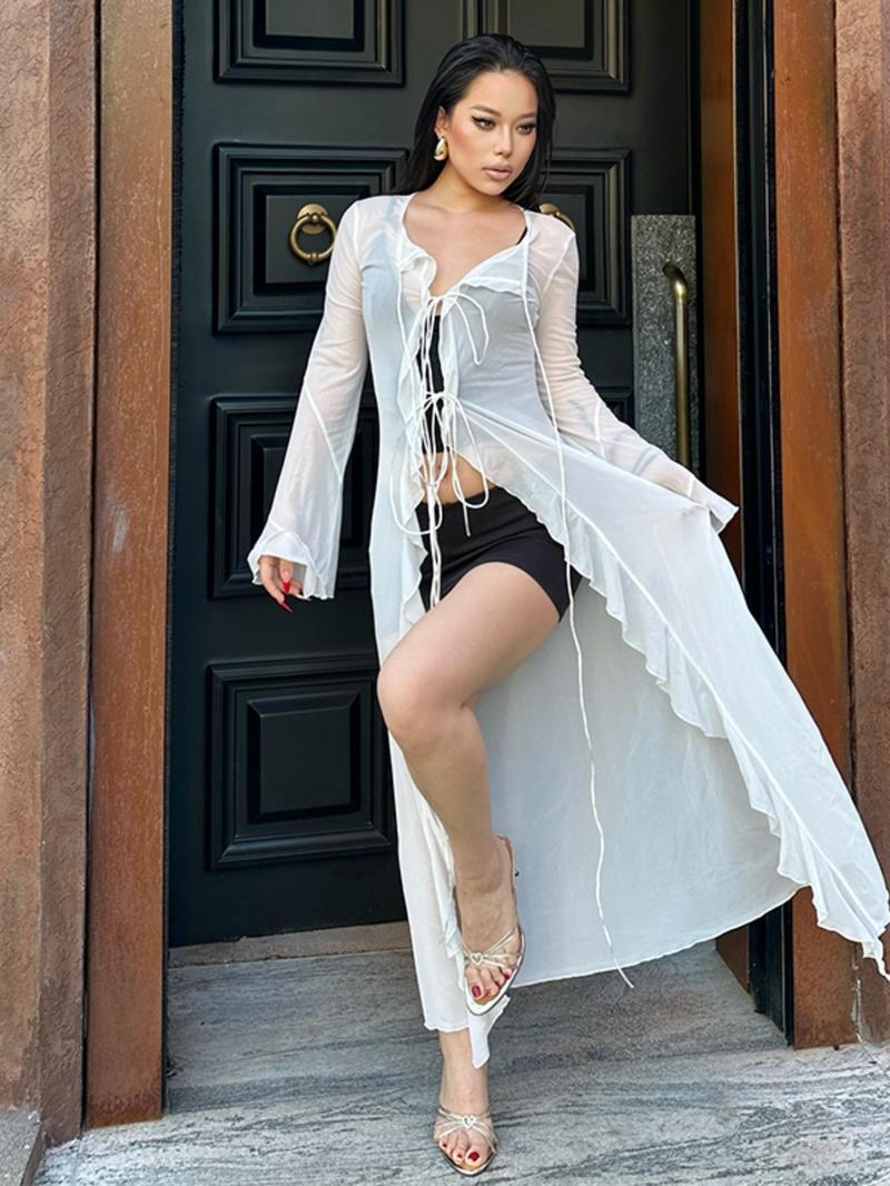 Women's Solid Sheer Ruffle Trim Tie Front Long Mesh Cardigan Coat, Long Sleeve Open Front Outerwear for Spring & Fall, Ladies Clothes for Party Holiday