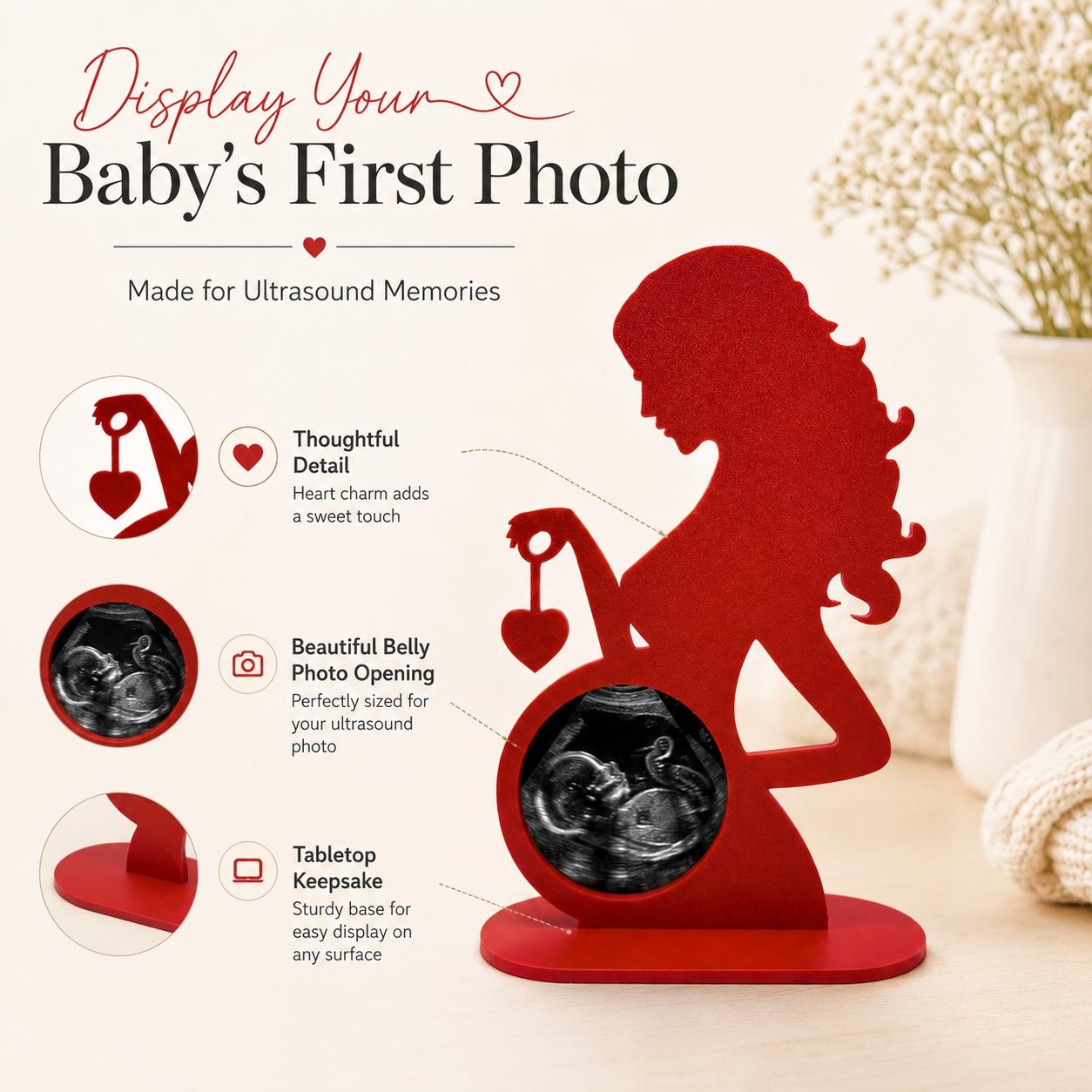 Pregnancy Ultrasound Photo Frame for Expecting Mom, Mother Silhouette Sonogram Picture Holder with Heart Charm, Baby Shower Gift, Pregnancy Keepsake & Nursery Tabletop Decor