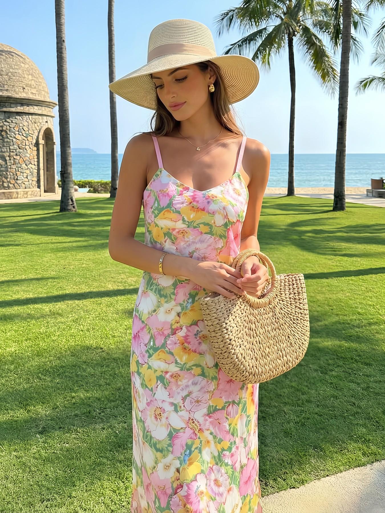 Women's V Neck Boho Dress, Floral Pattern All Season Long Sleeveless Beach Vacation Style, Summer New Arrival