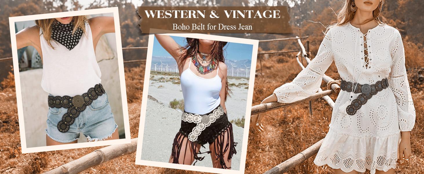 JASGOOD Women Western Concho Belts Wide Hollow Disc Leather Belt Cowgirl Boho Belt for Jeans Dresses with Metal Buckle