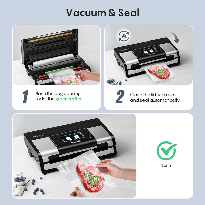FRESKO AutoMax V8 Heavy Duty Vacuum Sealer Machine, Automatic Food Saver with Dry & Moist Modes, Built-in Cutter & Bag Storage, Includes Bags & Rolls