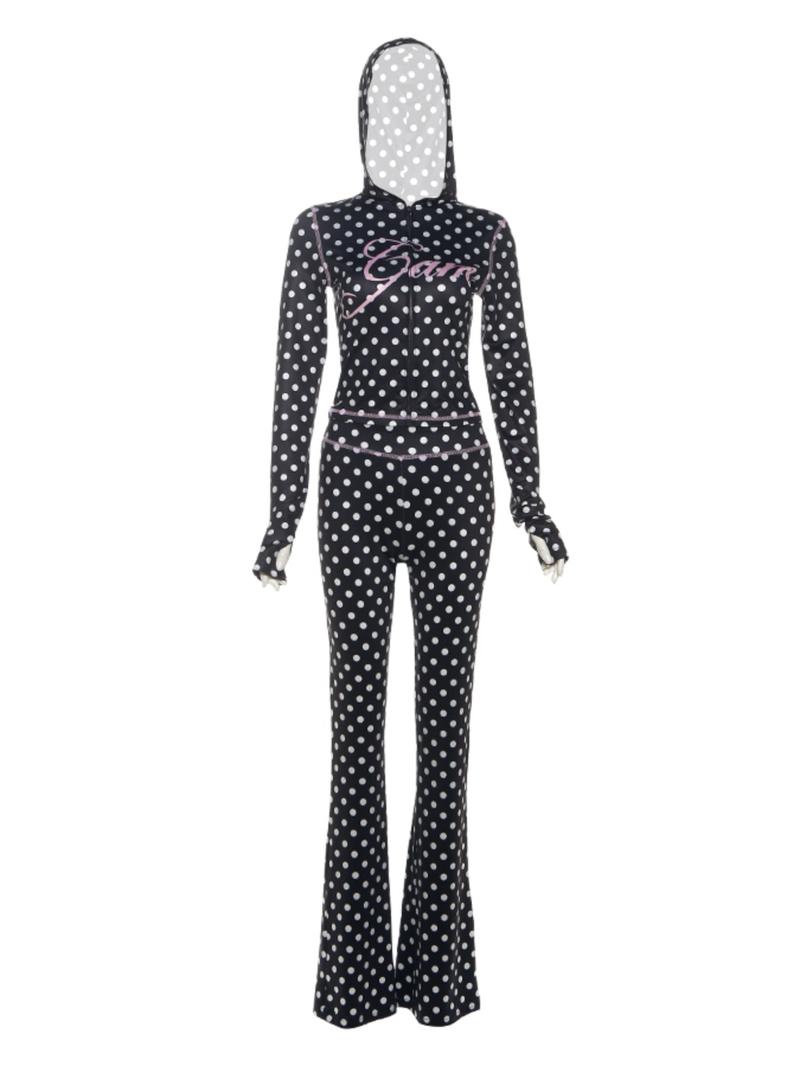 Women's Autumn New Polka Dot Letter Print Sexy Crop Top Hoodie Long Pants Set, Casual Style, Thin Silk Fabric, Spring & Fall