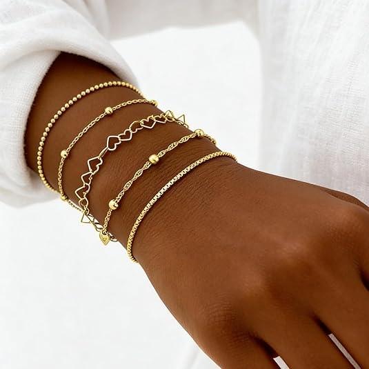 5 Piece Stainless Steel Heart Bead Multi-Layer Bracelet Set, Stackable Bracelets, Unisex Accessory, Perfect for Daily Wear, Work, and Parties