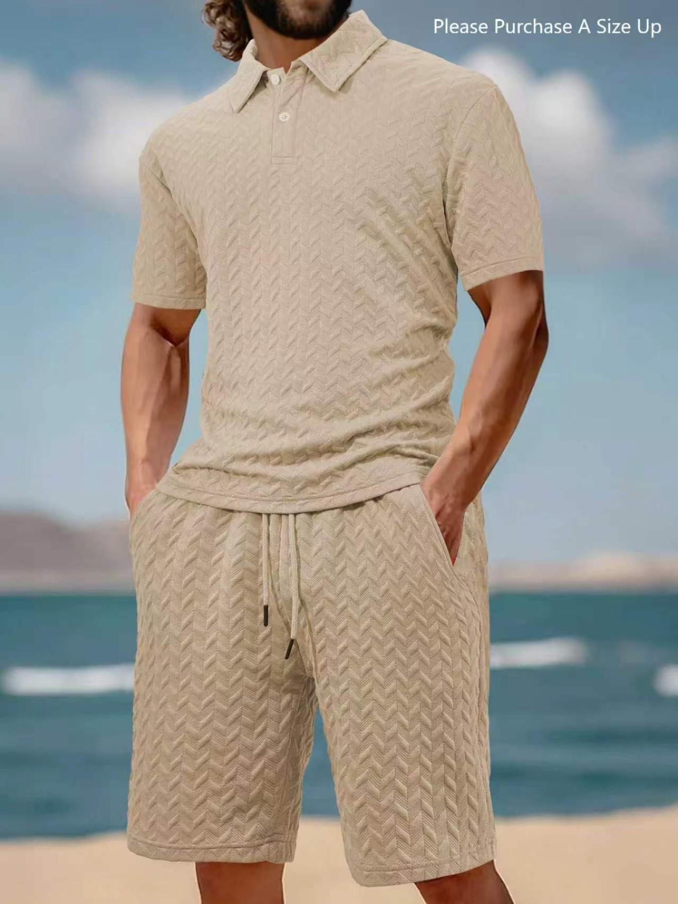Please Purchase A Size Up. Men's Solid Polo Shirt & Drawstring Waist Shorts Set, Cozy Breathable Two-piece Outfits for Daily Outdoor Wear, Men Clothes for Summer.