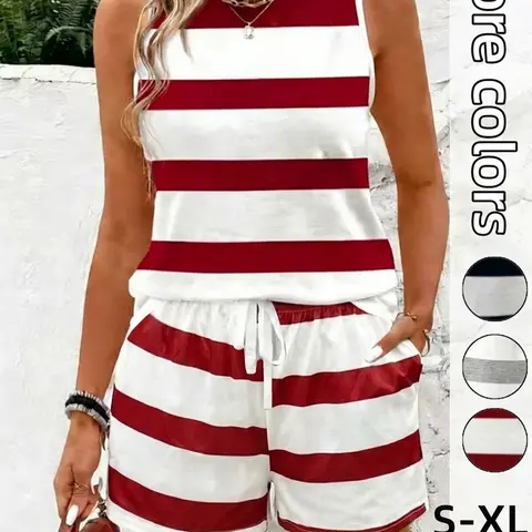 2-Piece Set Women's Striped Sleeveless Tank Top & Shorts, Casual Pajama Set, Summer Nightwear for Vacation, Daily Loungewear, Loungewear Pjs Set