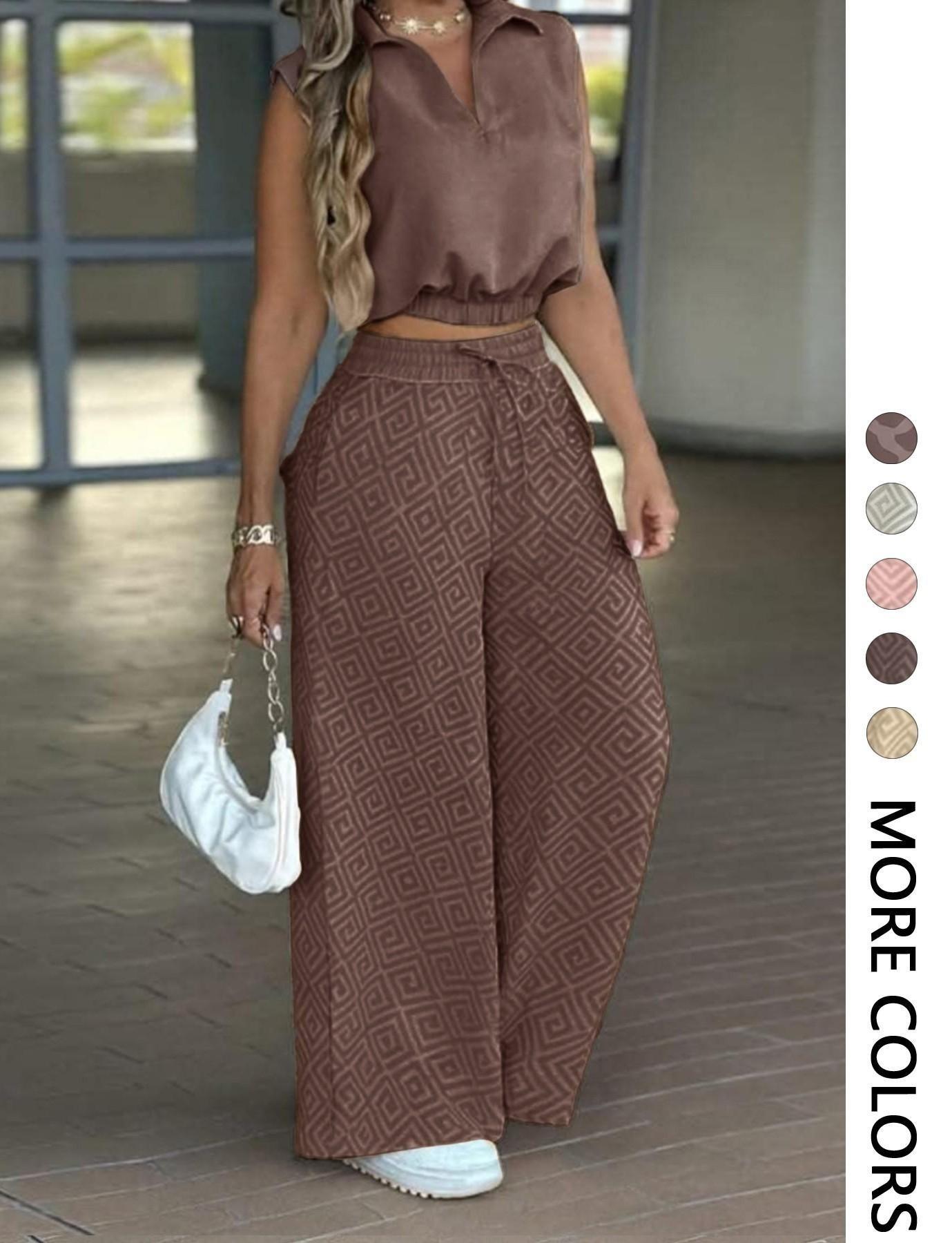 2-Piece Women's Casual Commuter Set, Womenswear Sleeveless Collared Waist-Defined Top with High-Waisted Drawstring Adjustable Wide-Leg Pants 2-Piece Women's Casual Commuter Set, Womenswear Sleeveless Collared Waist-Defined Top with High-Waisted Drawstring Adjustable Wide-Leg Pants