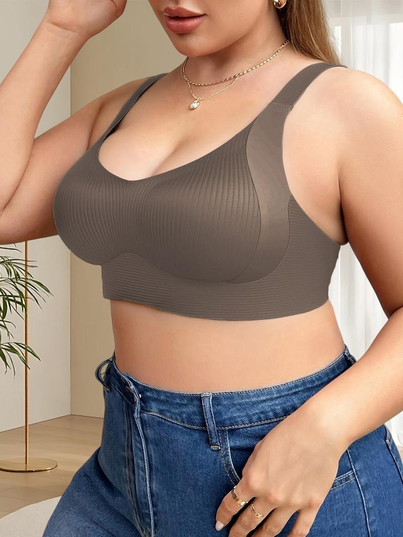 4 Pack Plus Size No Underwire Bras, Wireless Tank Bra, Soft Medium Support Wide Shoulder Straps, Casual Daily Comfort, Plain Pattern, Lined