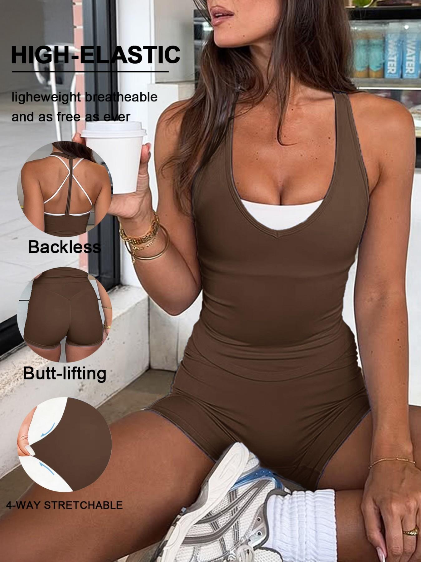 Women's Sporty Set, Athletic Sportswear, Fitted Design Activewear, Backless Sleeveless Top & High Waist Shorts, Ideal for Training, Running & Yoga, Casual Daily Wear, Workout Apparel