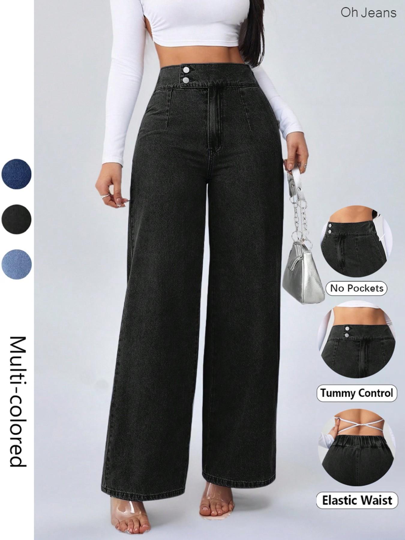 Women's Vintage Elegant High Waist Wide Leg Jeans, Button Front Elastic Waist Loose Fit, Casual Fashion Pants for All Seasons