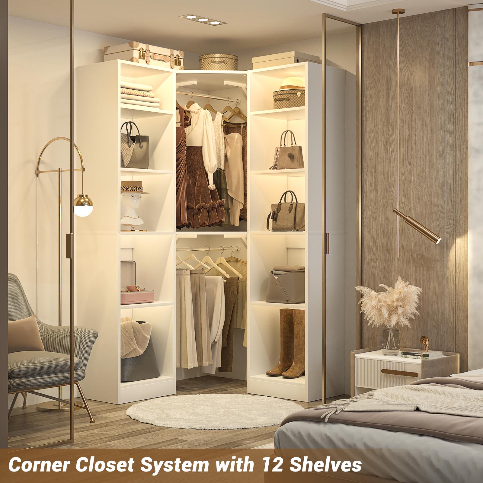 Corner Closet System with 12 Shelves, 40" Large Corner Closet Organizer System with 2 Hanging Rods, Versatile 6-Tier Walk-in Closets for Corner Space, White