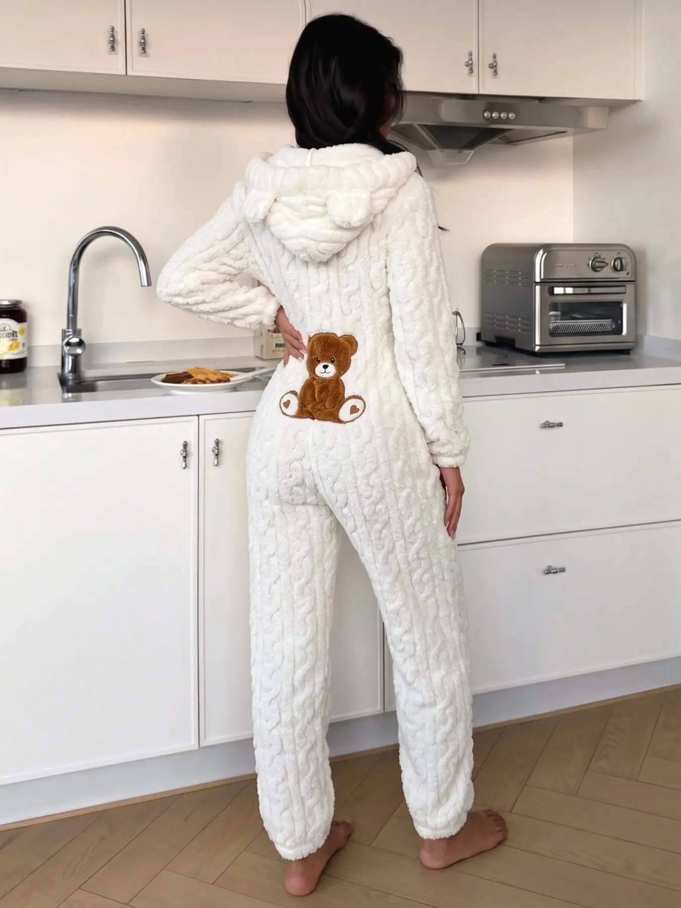 Women's Cute Teddy Bear Embroidered Hooded Plush Jumpsuit, Comfortable Fashion Design, Perfect Gift for Her, Casual Fall & Winter Wear