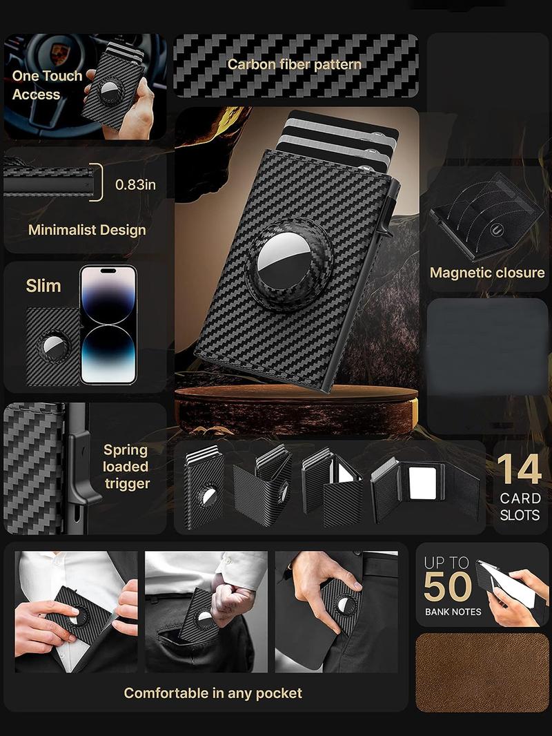 Men's Smart Wallet for AirTag: Leather/Carbon Fiber, RFID, Slim (9-14 Cards), ID/Cash Slot (AIRTAG NOT INCLUDED) wallet men Business Minimalist Bifold