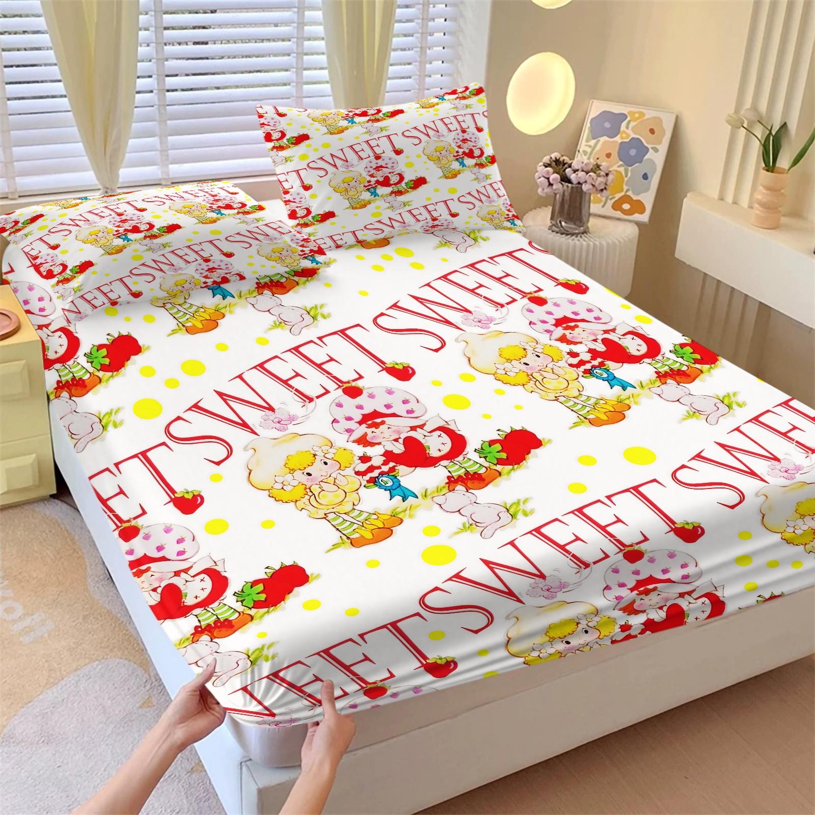 Anime Strawberry Girl Fitted Sheet Set, 1 Fitted Sheet + 2 Pillowcases - 3 Pcs Soft Breathable Bedding with Deep Pocket, 360° All-Round Wrap, Wrinkle Resistant, Cute Strawberry & Cat Cartoon Bed Sheets for Girls, Full Size