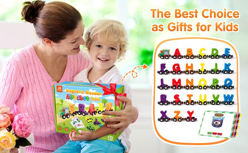 Vanmor 27 PCS Magnetic Wooden Alphabet Train Sets | ABC Letter Learning Toy Trains with 42 PCS Flash Cards, 1 Engine, 1 Storage Bag | Toddlers Kids Boys Girls Educational Toys，tamagotchi cart Play
