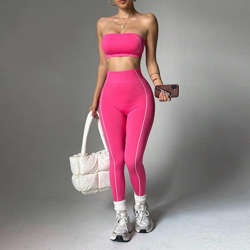 New yoga outfit for women, color-blocked bustier top, peach butt slim-fit long pants, fitness sportswear