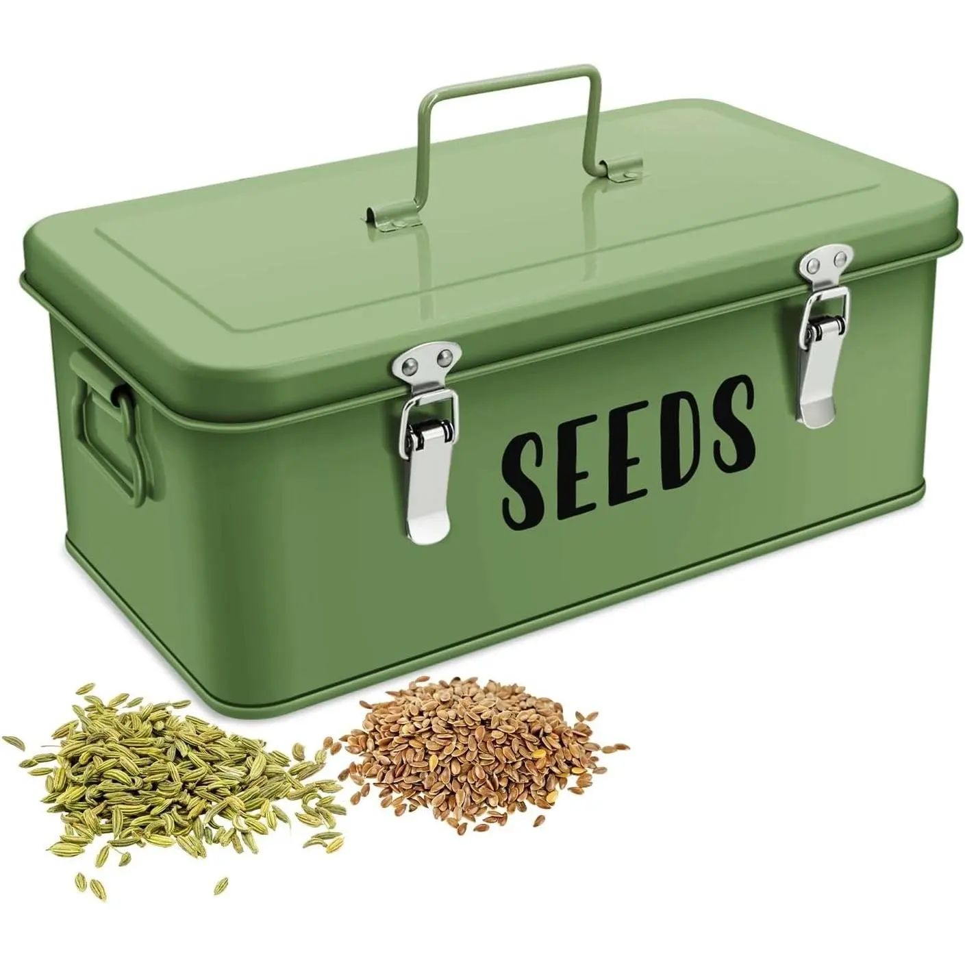 Metal Seed Storage Organizer Box, 4 Compartments, 12 Inch, Green | Seed Packet Organizer with Hinged Lid,  Latches and Carry Handles for Garden Storage