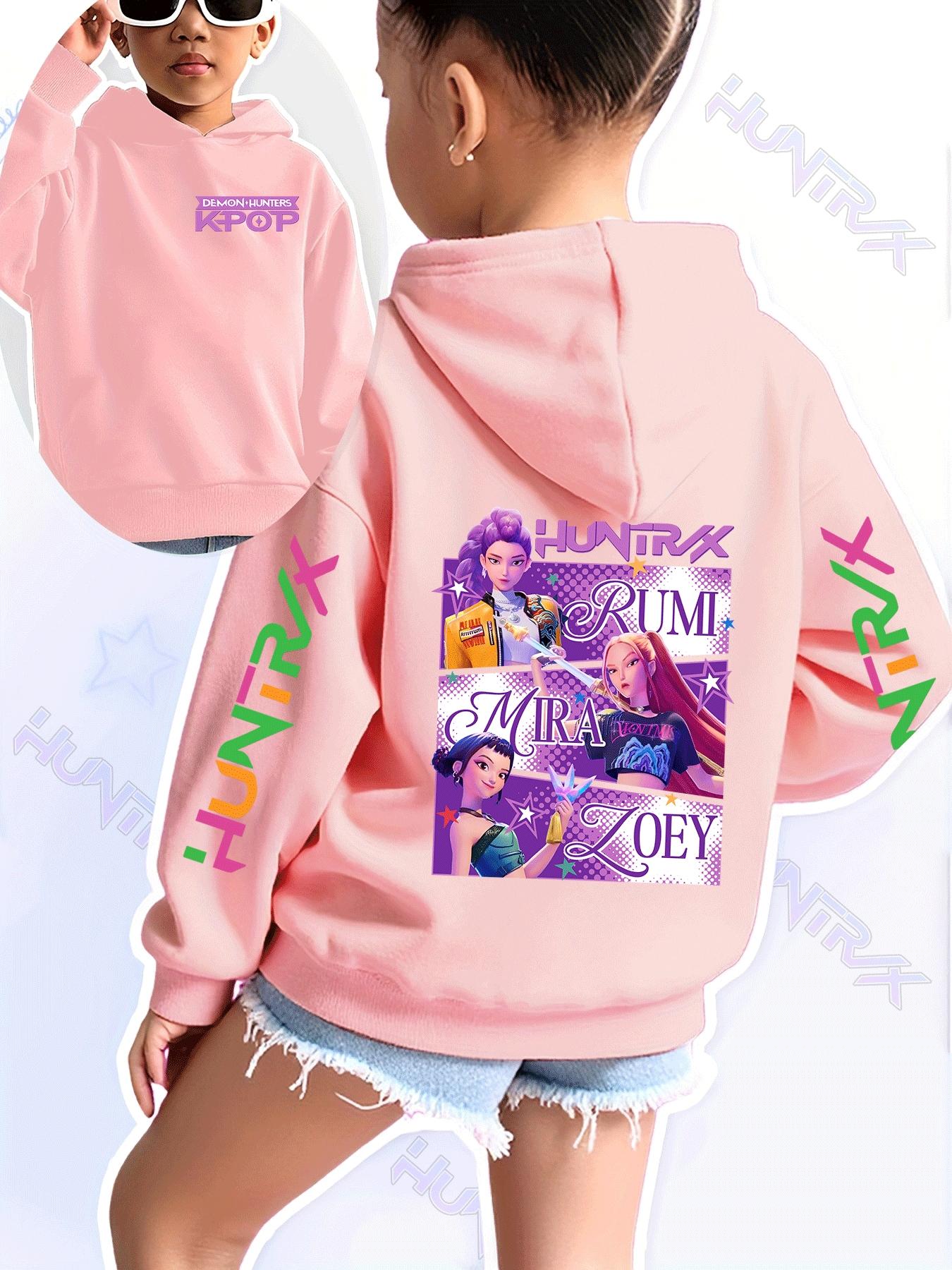 Girls Kpop Demon Hunters Korean Fashion Graphic Casual Hoodie, Spring & Fall Comfortable Sweatshirt, Creative Anime Print, Christmas Gift, Daily Wear