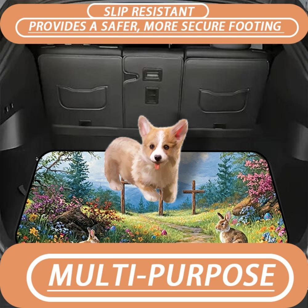 1pc Stylish Car Trunk Mat | Easter Scene with Wooden Crosses, Colorful Flowers, Rabbits, and Easter Eggs in a Mountainous Field - Durable Polyester, Keeps Trunk Dry & Clean, Adds to Vehicle Interior