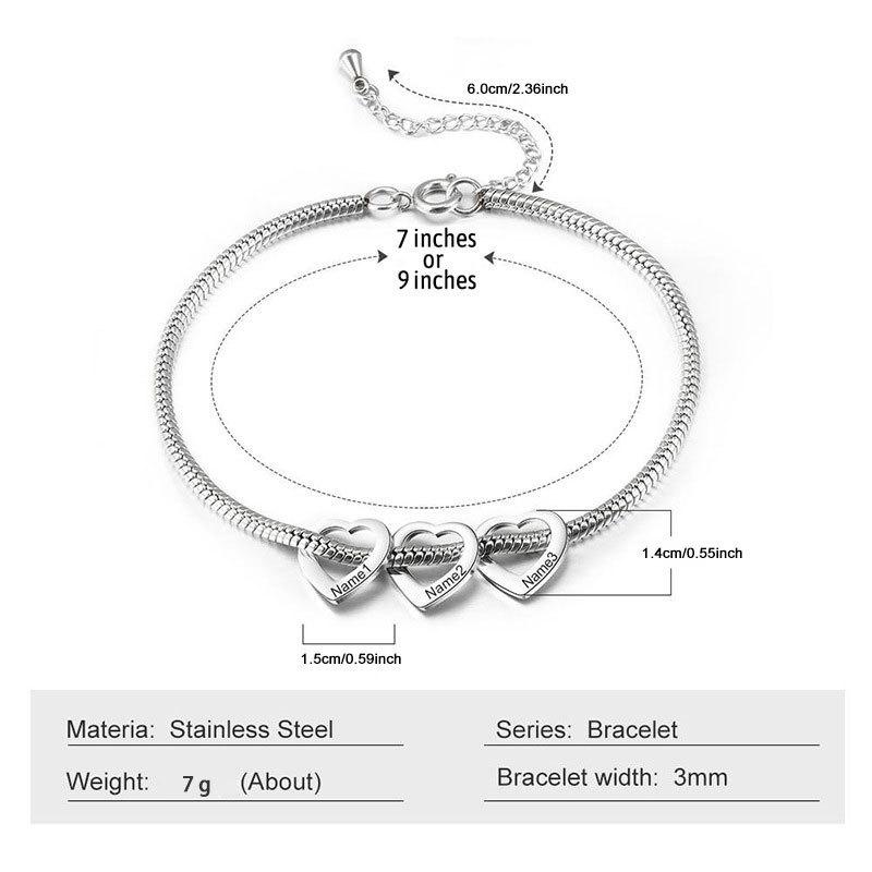 AS976 Personalized Mom Bracelet with Kids Names, Custom Heart Charm Bracelet, Engraved Name Jewelry,  Gift for Mom Grandma