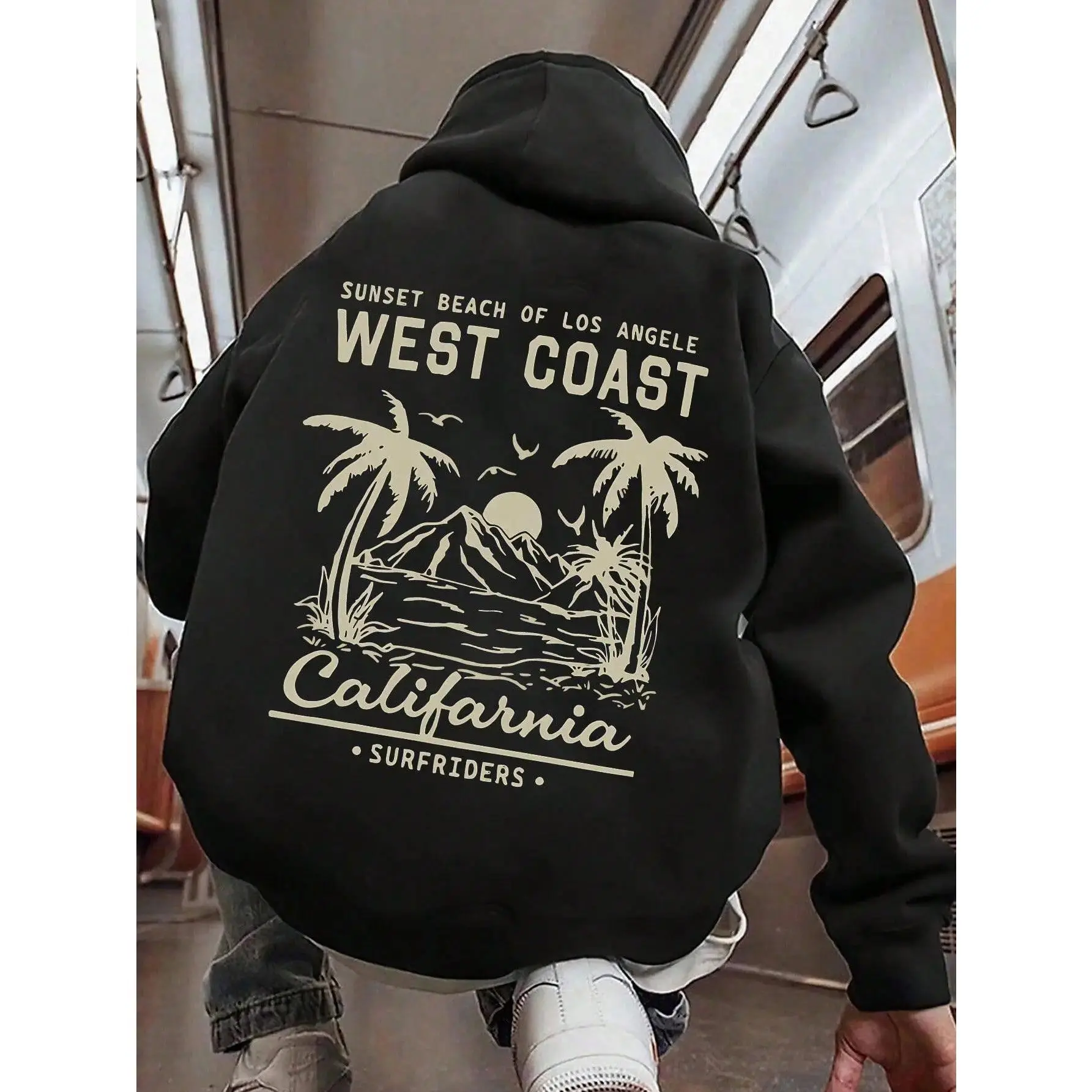 Graphic Hoodies for Men, West Coast California Sunset Beach Surfriders Print Pullover Hoodie, Vintage Surf Streetwear Hooded Sweatshirts, Warm Wardrobe Winter Outfit, TikTok Shop Clothes, Shopping Deals Today
